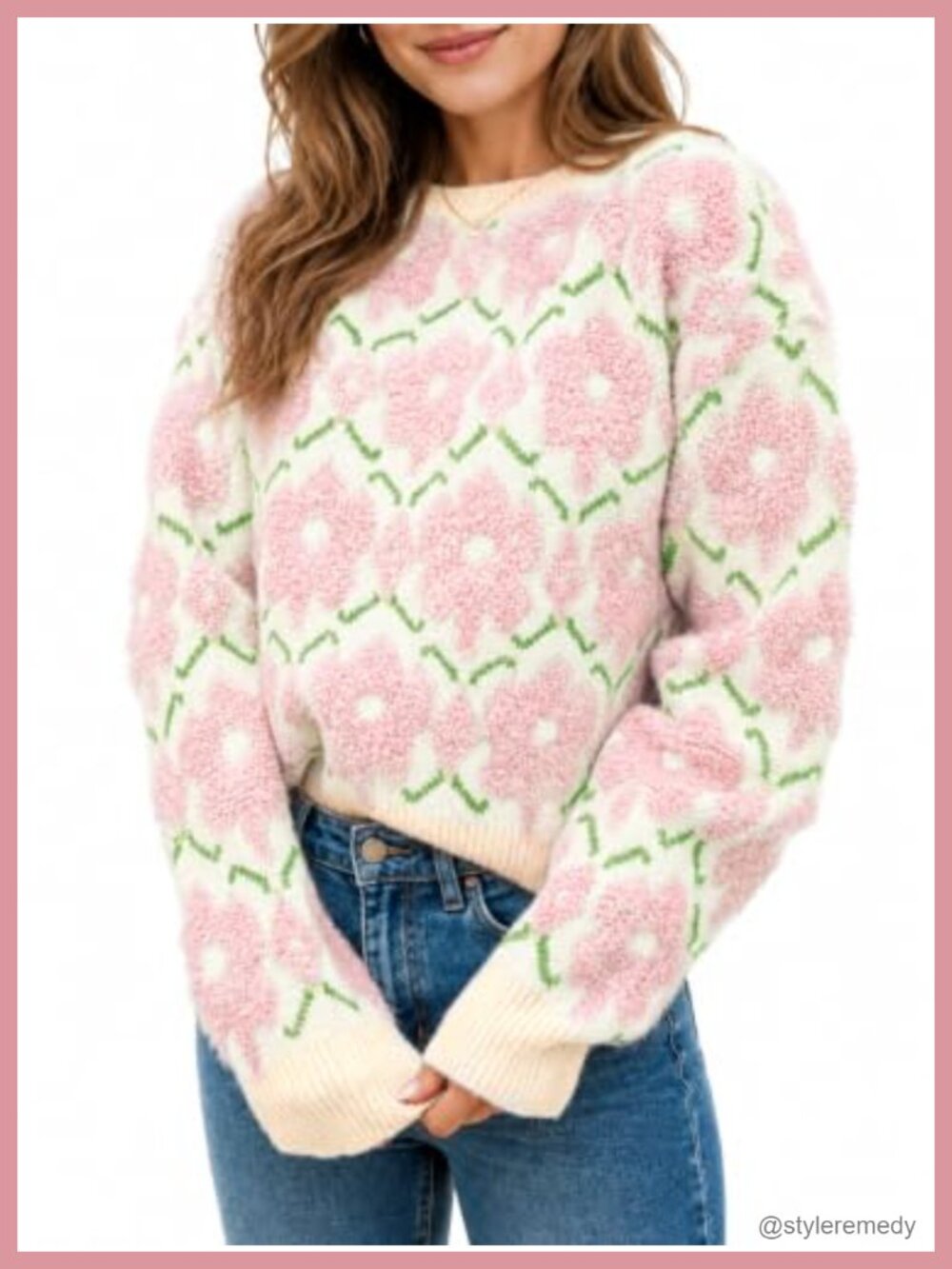 Women's Oversized Floral Knit Sweater Crewneck Long Sleeve Chunky Pullover Fall